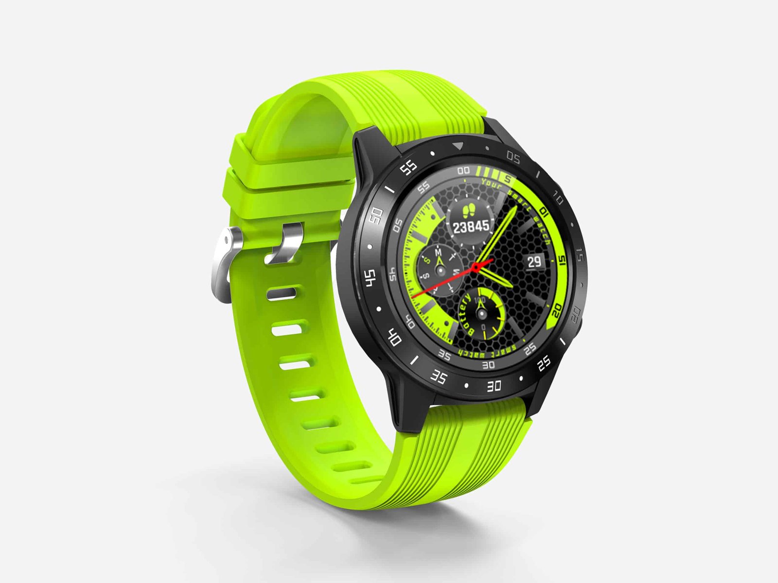  A black and green rugged smartwatch with fitness tracking, GPS, water resistance, altimeter, and barometer features.